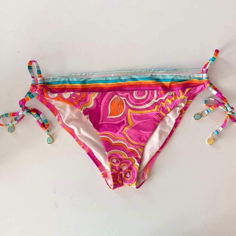 Trina Turk Pink Psychedelic Paisley‎ Side Tie Bikini Bottom with Stone Charms